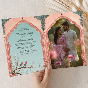 Floral Branch Romantic Birds Indian Wedding Photo Invitation