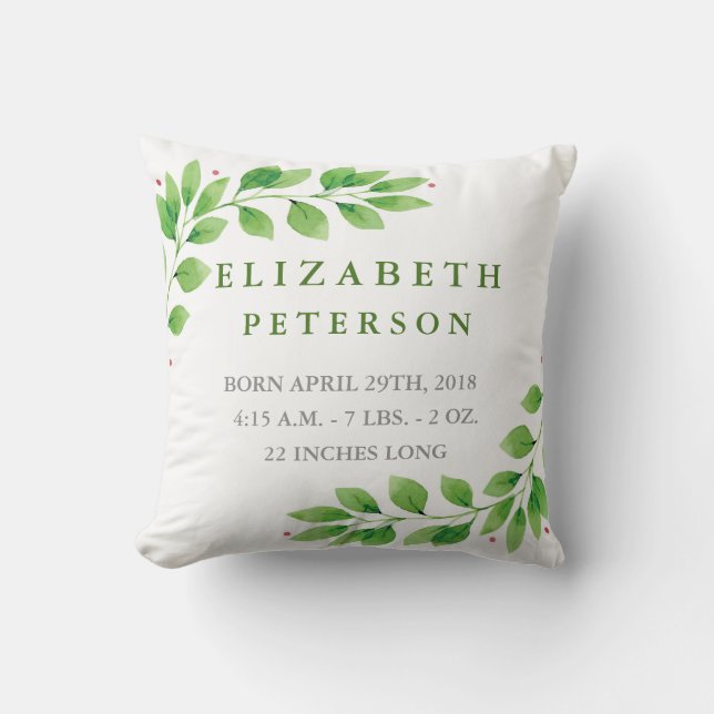 Floral Branches Baby Birth Announcement Pillow (Front)