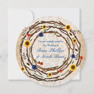 Floral Branches Burlap & Lace Wedding Invitation
