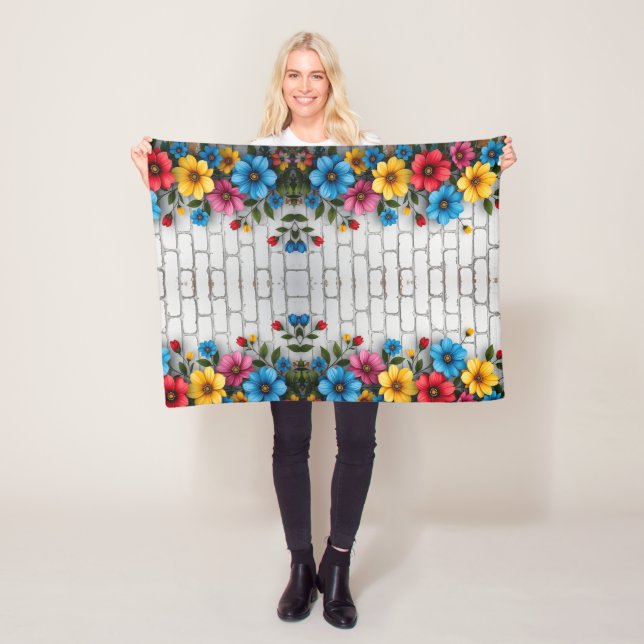 Floral Brick Wall Sherpa Throw Fleece Blanket (In Situ)