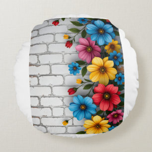Floral Brick Wall Sherpa Throw Round Cushion