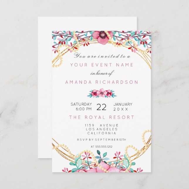 Floral Bridal Birthday Gold Pink Pearl Sweet White Invitation (Front/Back)