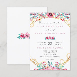 Floral Bridal Birthday Gold Pink Pearl Sweet White Invitation
