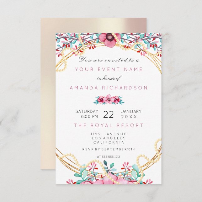 Floral Bridal Birthday Gold Pink Pearls Sweet Rose Invitation (Front/Back)