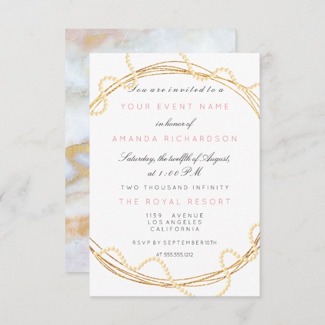 Floral Bridal Marble Birthday Gold White Pearls Invitation (Front/Back)