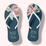 Floral Bridal Party | Thongs<br><div class="desc">Enjoy your bachelorette weekend in style with these fun floral flipflops, featuring a watercolor blooming cabbage rose, in tones of pinks with green leaves, on a navy blue background. Also features " bride tribe " in white script. Cute to give to bridesmaids and your bridal squad to wear on your...</div>