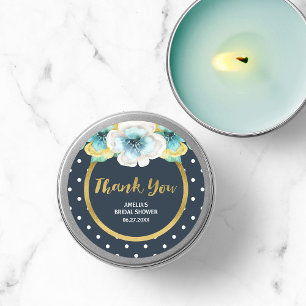 Floral Bridal Shower, Blue and Faux Gold Thank You Classic Round Sticker