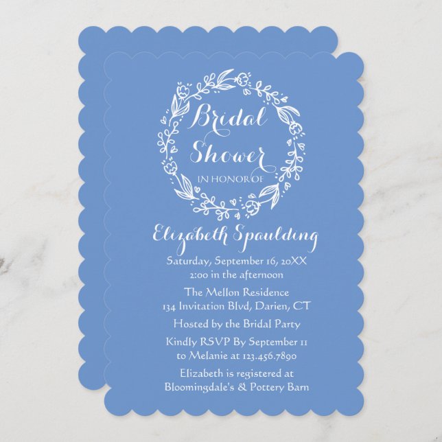 Floral Bridal Shower Blue Cornflower Flower Wreath Invitation (Front/Back)