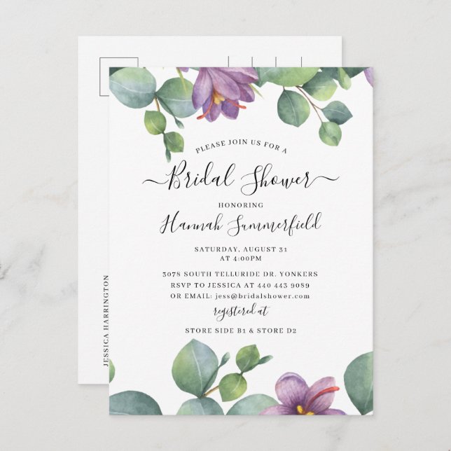 Floral Bridal Shower Eucalyptus Greenery Invitation Postcard (Front/Back)