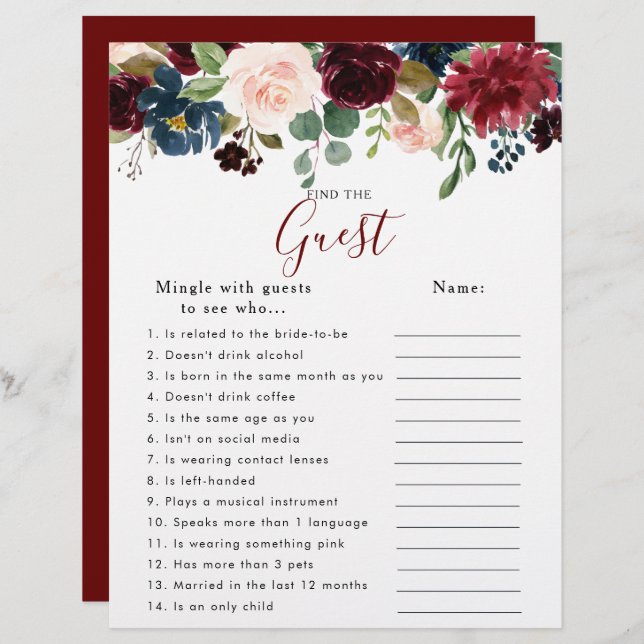 Floral Bridal Shower Find the Guest Game (Front/Back)