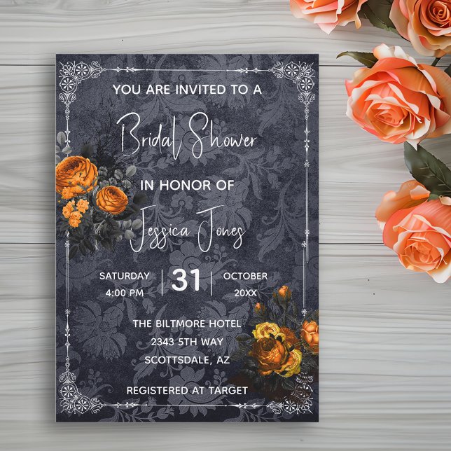 Floral Bridal Shower Halloween Orange Rose Invitation (Creator Uploaded)