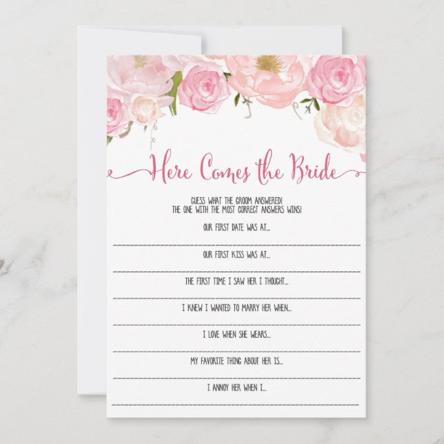 Floral Bridal Shower here Comes the bride Game (Front)