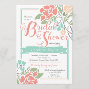 Floral Bridal Shower Invitation in Coral and Teal