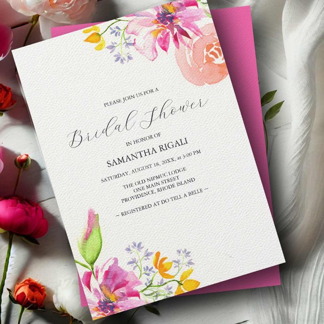 Floral Bridal Shower Invitations Vibrant Pink (Bridal shower invitations vibrant pink watercolor floral art by Victoria Grigaliunas DoTellABelle)