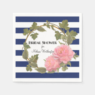 Floral Bridal Shower Pink Peony Flowers Striped Napkin