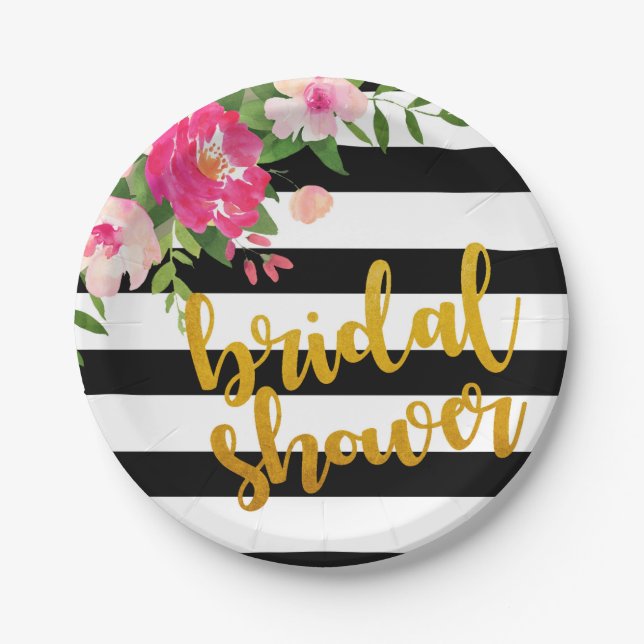 Floral Bridal Shower Plate - Black & White Stripes (Front)