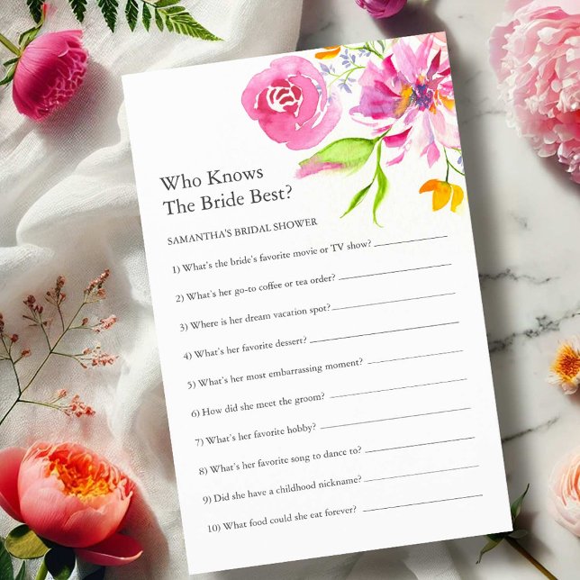 Floral Bridal Shower Questions Game Flyer (love is in bloom bridal shower games watercolor pink floral art by Victoria Grigaliunas DoTellABelle)