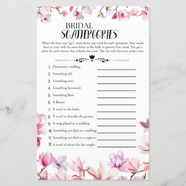 Floral Bridal Shower Scattergories Game (Front)