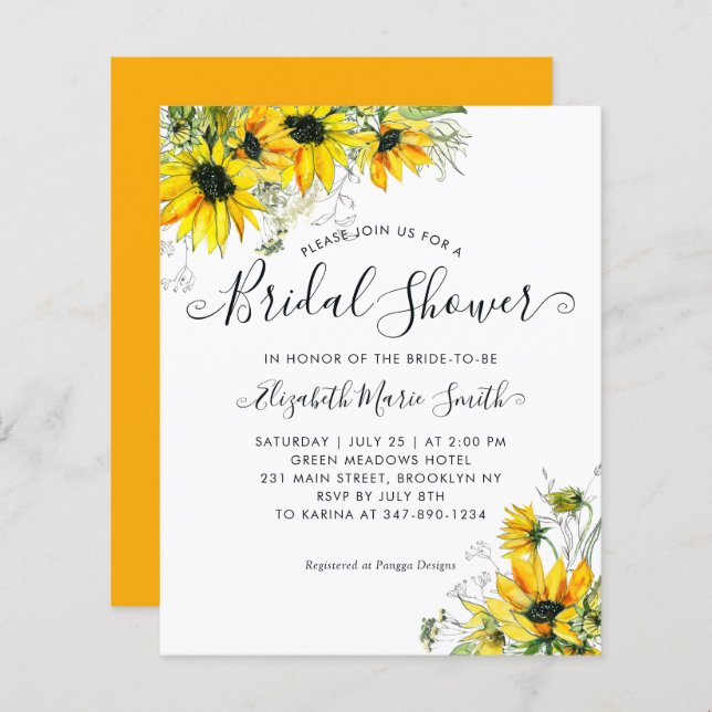 Floral Bridal Shower Sunflower Yellow Invitation (Front/Back)