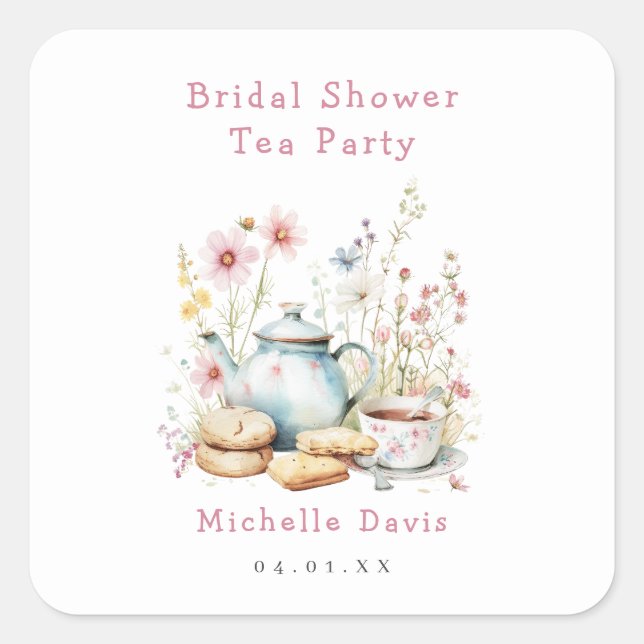 Floral Bridal Shower Tea Party Square Sticker (Front)