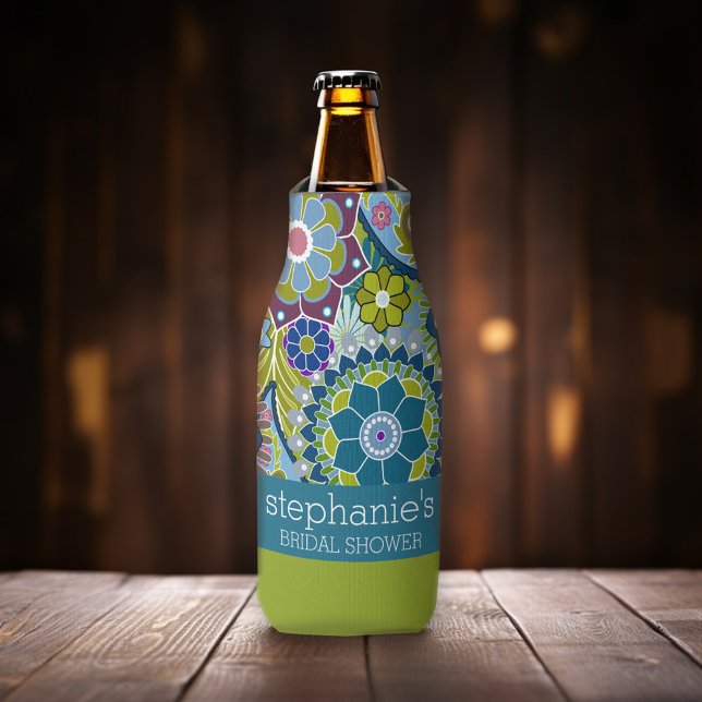 Floral Bridal Shower Teal and Green Retro Flowers Bottle Cooler (Funky retro floral pattern - personalized bottle cooler)
