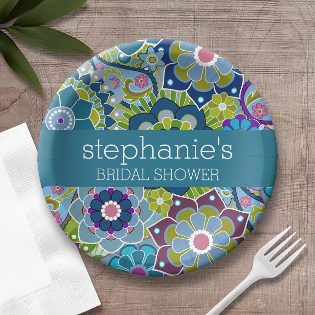 Floral Bridal Shower Teal and Green Retro Flowers Paper Plate (Custom bridal shower plates)