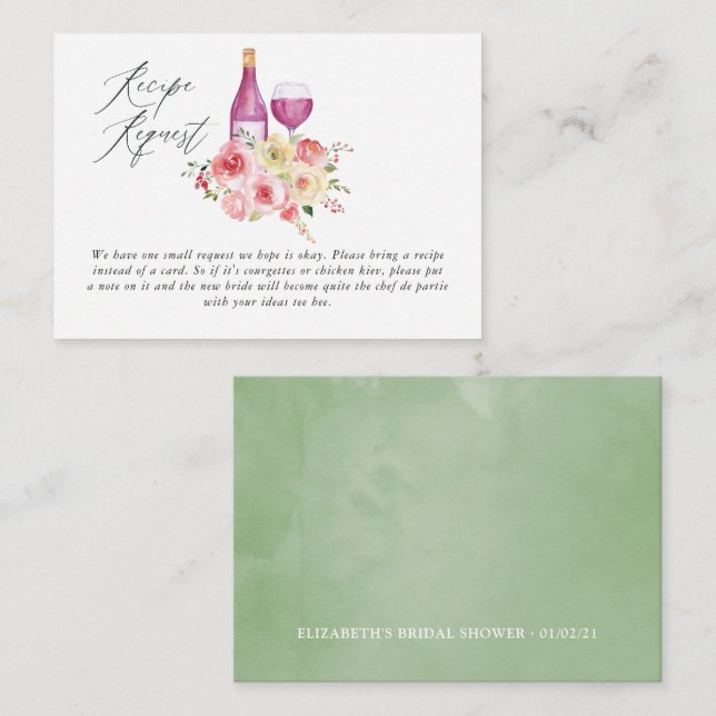 Floral Bridal Shower Wine Tasting Recipe Request Enclosure Card (Front/Back)