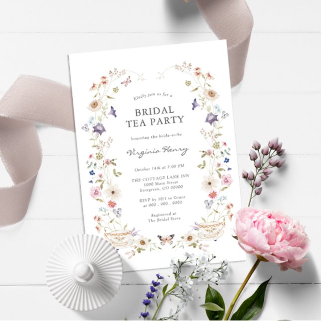Floral Bridal Tea Party Invitation (Wildflower Tea Party Bridal Shower Wedding Invitation with Butterfly by Painted Paperie)