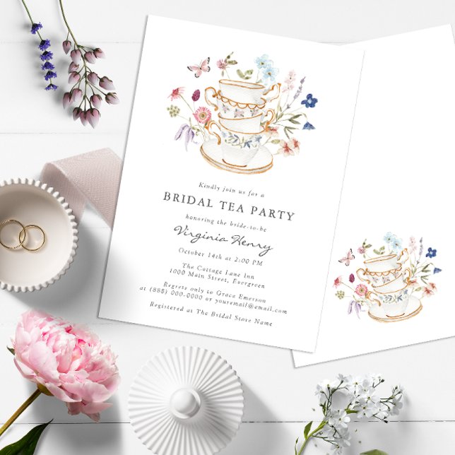 Floral Bridal Tea Party Invitation (Wildflower Tea Party Bridal Shower Wedding Invitation with Butterfly by Painted Paperie)