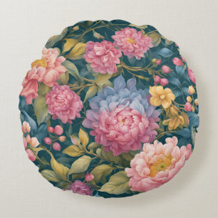 Floral Bright Colourful Flowers Round Cushion