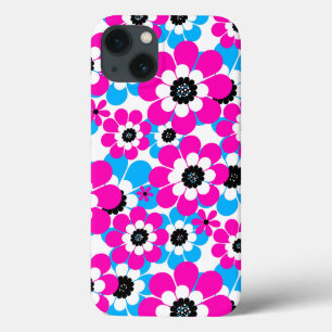 Floral bright neon pattern bright crimson and blue iPhone 13 case