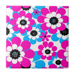 Floral bright neon pattern bright crimson and blue ceramic tile