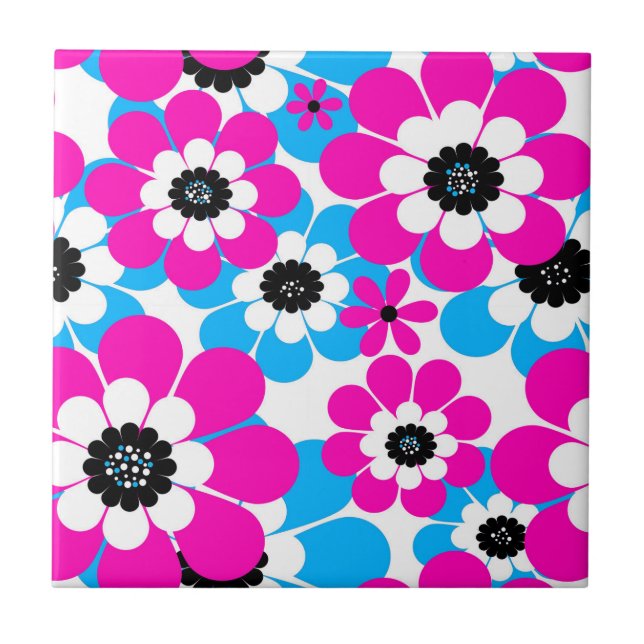 Floral bright neon pattern bright crimson and blue ceramic tile (Front)
