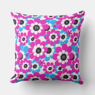 Floral bright neon pattern bright crimson and blue cushion