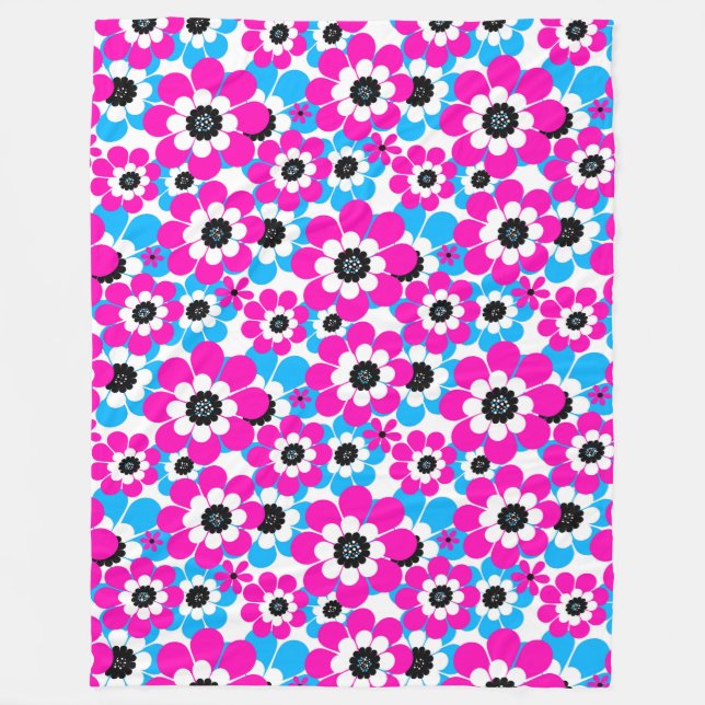 Floral bright neon pattern bright crimson and blue fleece blanket (Front)