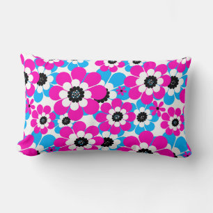 Floral bright neon pattern bright crimson and blue lumbar cushion