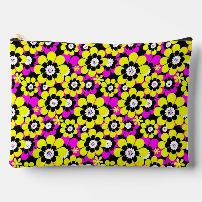 Floral bright neon pattern crimson and yellow flow accessory pouch (Front)