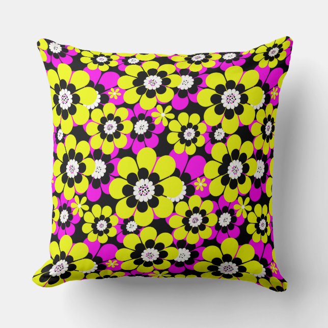 Floral bright neon pattern crimson and yellow flow cushion (Front)