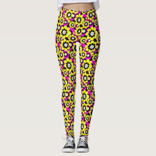 Floral bright neon pattern crimson and yellow flow leggings