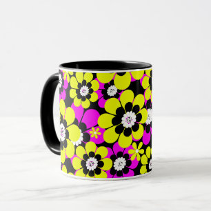 Floral bright neon pattern crimson and yellow flow mug