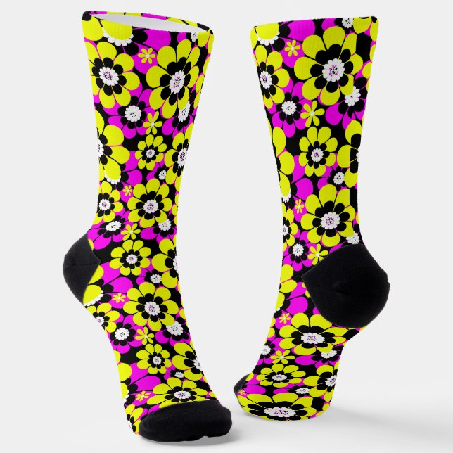 Floral bright neon pattern crimson and yellow flow socks (Angled)