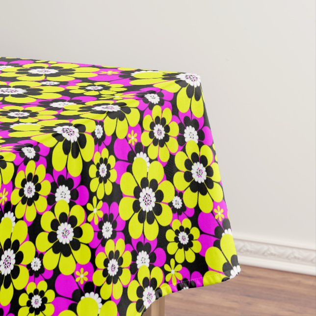 Floral bright neon pattern crimson and yellow flow tablecloth (In Situ)