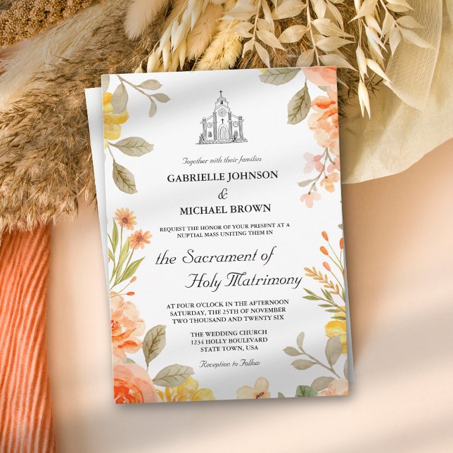 Floral Bright Orange Church Nuptial Mass Wedding Invitation (Creator Uploaded)