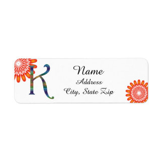 Floral Bright Orange Letter K Mosaic Monogram Return Address Label