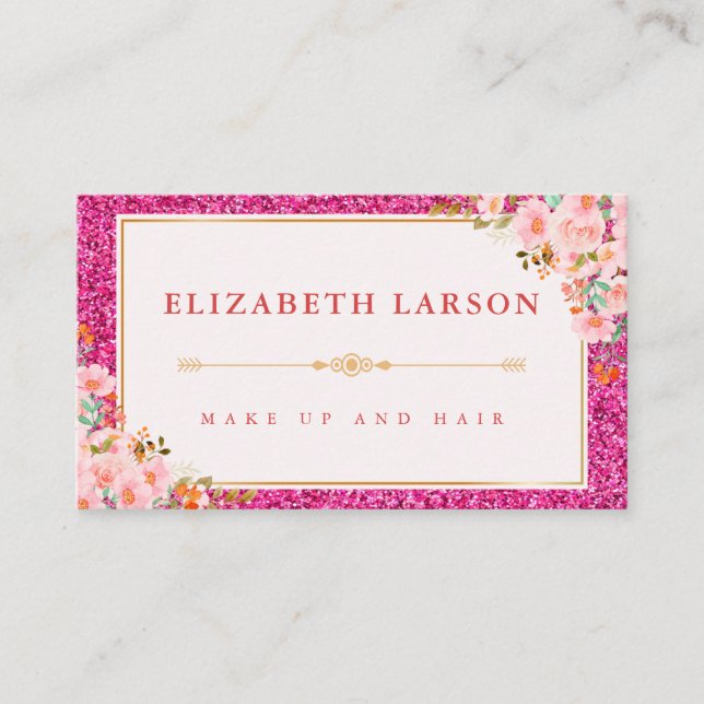 Floral Bright Pink Glitter Makeup Artist Beauty Business Card (Front)