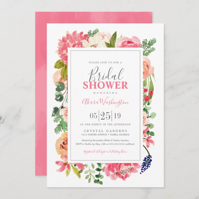 Floral Bright Watercolor Flowers Bridal Shower Invitation (Front/Back)