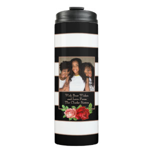 Floral Bronze Black & White Stripe - Custom Photo Thermal Tumbler