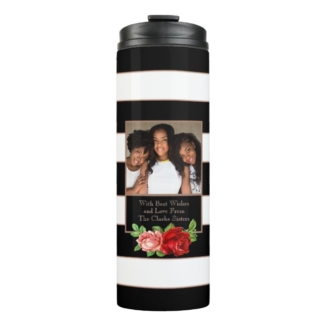 Floral Bronze Black & White Stripe - Custom Photo Thermal Tumbler (Front)