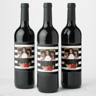 Floral Bronze Black & White Stripe - Custom Photo Wine Label