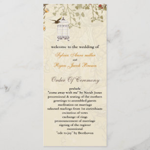 floral brown birds cage, birds wedding programs